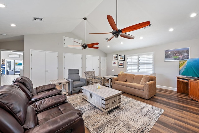 407 SE Duff Ct, Port Saint Lucie, FL 34984 - living room with ceiling fan, lofted ceiling, recessed lighting, dark wood finished floors, and baseboards