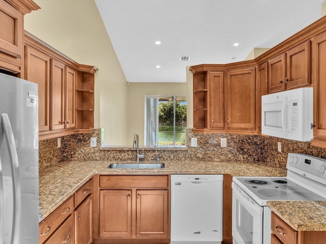 18458 Via Di Sorrento, Boca Raton, FL 33496 - kitchen featuring open shelves, white appliances, a sink, decorative backsplash, and recessed lighting