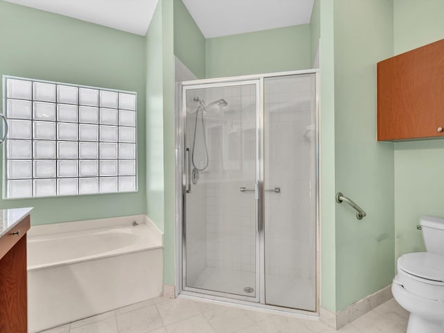 18458 Via Di Sorrento, Boca Raton, FL 33496 - full bathroom with toilet, a stall shower, a garden tub, vanity, and baseboards