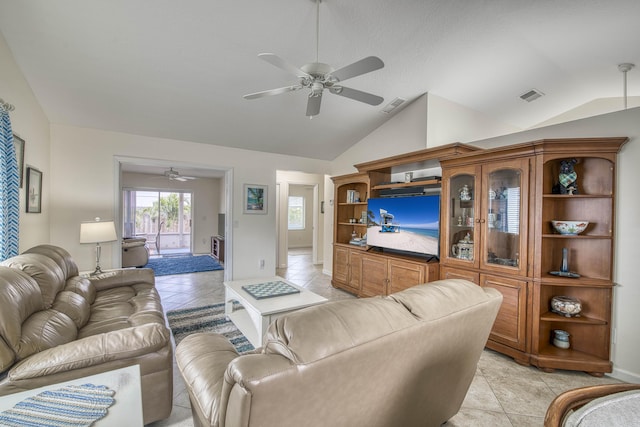 188 Wandering Trl, Jupiter, FL 33458 - living area featuring a ceiling fan, lofted ceiling, and light tile patterned flooring