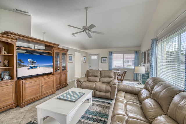 188 Wandering Trl, Jupiter, FL 33458 - living area with ceiling fan, baseboards, and high vaulted ceiling