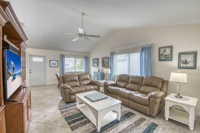 188 Wandering Trl, Jupiter, FL 33458 - living room with ceiling fan, light tile patterned flooring, baseboards, and high vaulted ceiling