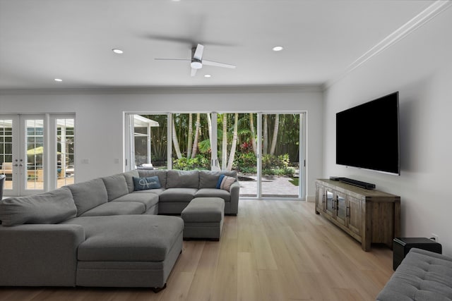 1770 Flagler Manor Cir, West Palm Beach, FL 33411 - living area featuring ceiling fan, ornamental molding, recessed lighting, french doors, and light wood-style floors