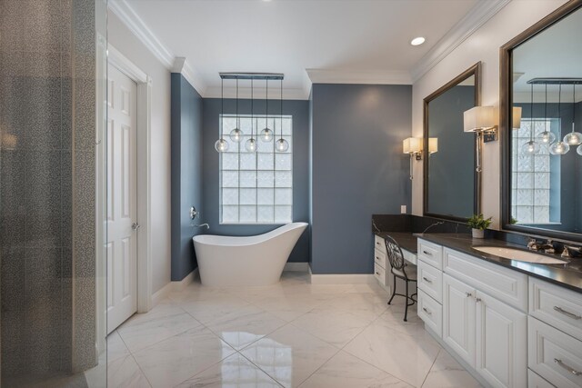 1770 Flagler Manor Cir, West Palm Beach, FL 33411 - bathroom with vanity, a freestanding tub, ornamental molding, baseboards, and recessed lighting