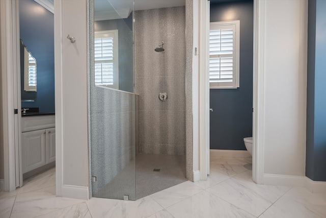 1770 Flagler Manor Cir, West Palm Beach, FL 33411 - bathroom featuring marble finish floors, a walk in shower, toilet, and baseboards