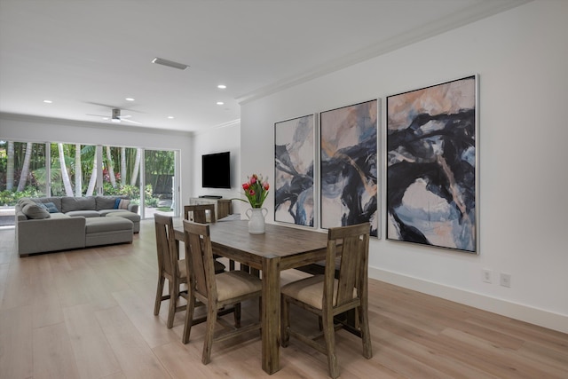 1770 Flagler Manor Cir, West Palm Beach, FL 33411 - dining room with crown molding, light wood-style floors, recessed lighting, ceiling fan, and baseboards
