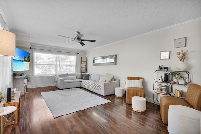 3110 Kingston Ct, West Palm Beach, FL 33409 - living room with ceiling fan, crown molding, wood finished floors, a textured ceiling, and baseboards