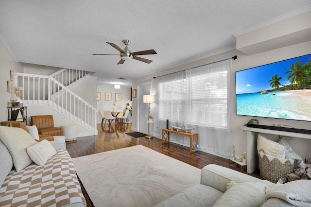 3110 Kingston Ct, West Palm Beach, FL 33409 - living room with stairs, a ceiling fan, wood finished floors, crown molding, and baseboards