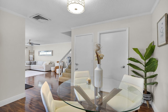 3110 Kingston Ct, West Palm Beach, FL 33409 - dining room featuring a ceiling fan, stairway, wood finished floors, ornamental molding, and baseboards