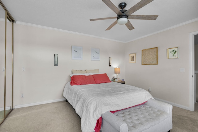 3110 Kingston Ct, West Palm Beach, FL 33409 - bedroom featuring light colored carpet, ornamental molding, baseboards, and ceiling fan