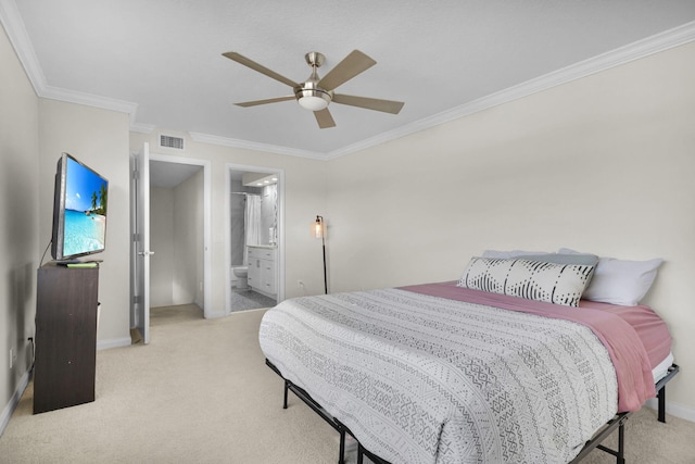 3110 Kingston Ct, West Palm Beach, FL 33409 - bedroom featuring light carpet, crown molding, baseboards, ceiling fan, and connected bathroom