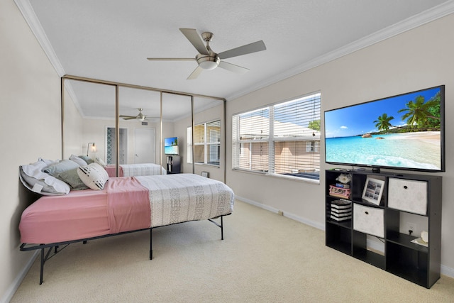 3110 Kingston Ct, West Palm Beach, FL 33409 - carpeted bedroom with crown molding, baseboards, and ceiling fan