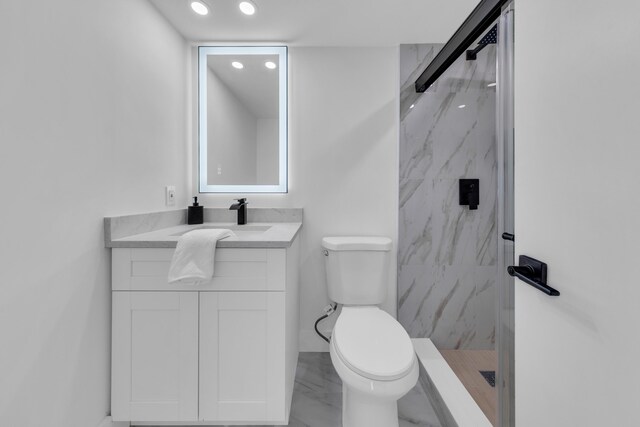 76 Mansfield B 76, Boca Raton, FL 33434 - bathroom featuring marble finish floors, toilet, vanity, a marble finish shower, and recessed lighting