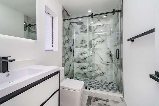 200 SW 48th Ave, Miami, FL 33134 - full bathroom with a marble finish shower, marble look tile flooring, vanity, toilet, and recessed lighting