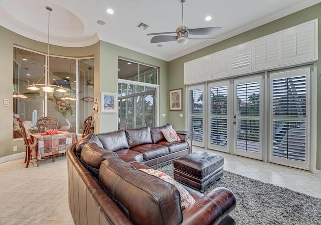 1885 Via Bellezza, Wellington, FL 33411 - living room featuring ceiling fan, light tile patterned floors, crown molding, recessed lighting, and baseboards