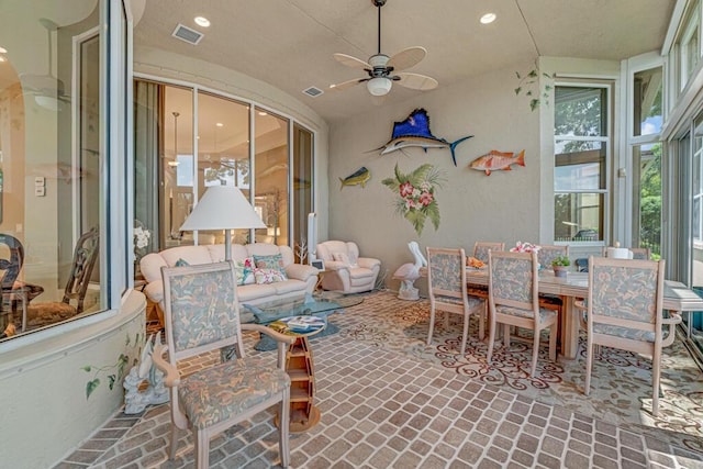 1885 Via Bellezza, Wellington, FL 33411 - sunroom featuring brick flooring, a ceiling fan, outdoor dining space, and recessed lighting
