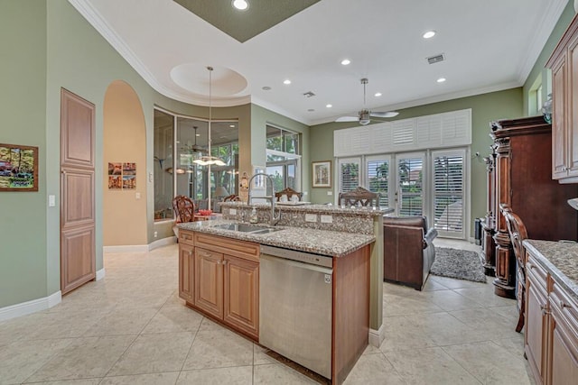 1885 Via Bellezza, Wellington, FL 33411 - kitchen with stainless steel dishwasher, a sink, a ceiling fan, crown molding, and light tile patterned flooring