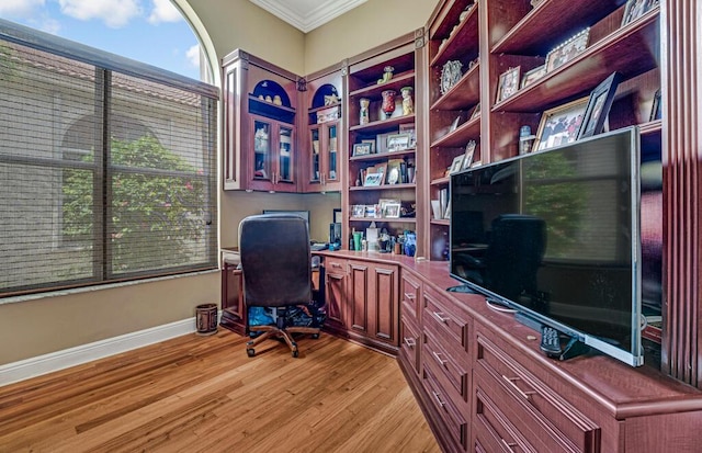 1885 Via Bellezza, Wellington, FL 33411 - office with crown molding, light wood-type flooring, baseboards, and built in study area