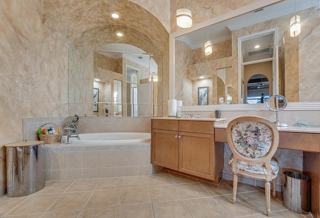 1885 Via Bellezza, Wellington, FL 33411 - full bath featuring a bath, crown molding, vanity, tile patterned flooring, and a tile shower