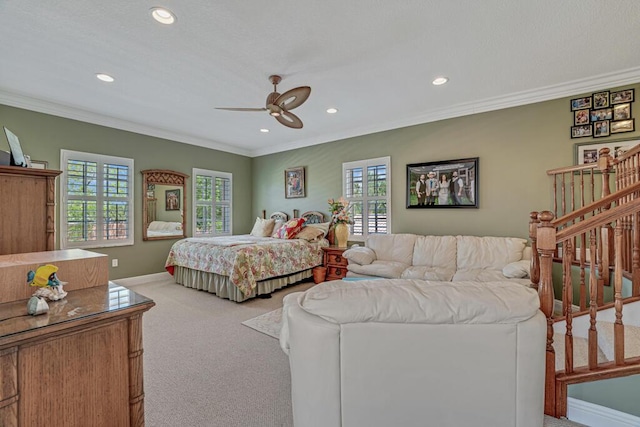 1885 Via Bellezza, Wellington, FL 33411 - bedroom with carpet flooring, ornamental molding, recessed lighting, baseboards, and ceiling fan