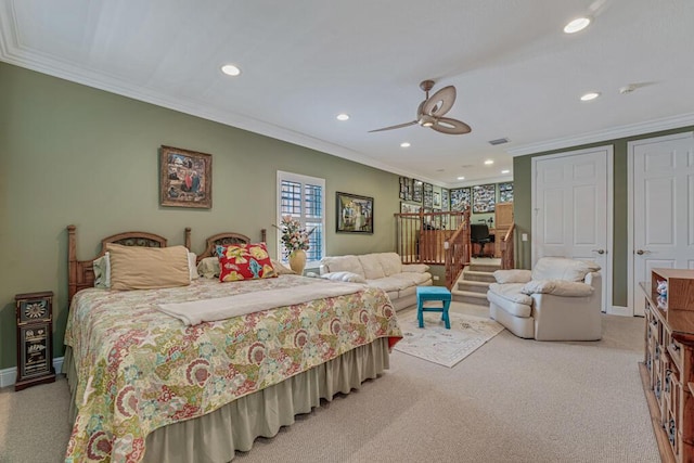 1885 Via Bellezza, Wellington, FL 33411 - bedroom with light colored carpet, recessed lighting, crown molding, baseboards, and ceiling fan