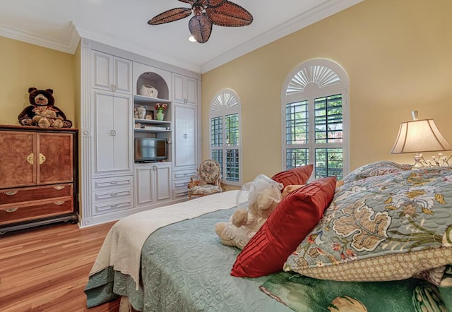 1885 Via Bellezza, Wellington, FL 33411 - bedroom featuring light wood finished floors, ornamental molding, and ceiling fan