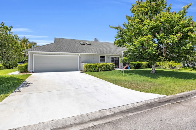 6304 SE Ames Way, Hobe Sound, FL 33455 - ranch-style house featuring a garage, driveway, a front lawn, and a chimney