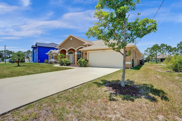 5940 NW Center St, Port Saint Lucie, FL 34986 - view of front of property with stucco siding, an attached garage, central AC unit, a front lawn, and concrete driveway