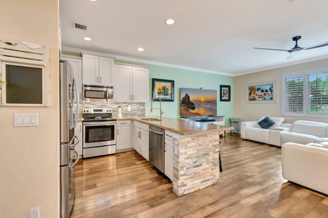 5014 Manchia Dr, Lake Worth, FL 33463 - kitchen with appliances with stainless steel finishes, open floor plan, crown molding, a peninsula, and a sink