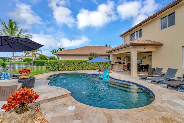 5014 Manchia Dr, Lake Worth, FL 33463 - view of pool featuring a patio, a ceiling fan, and an outdoor hangout area