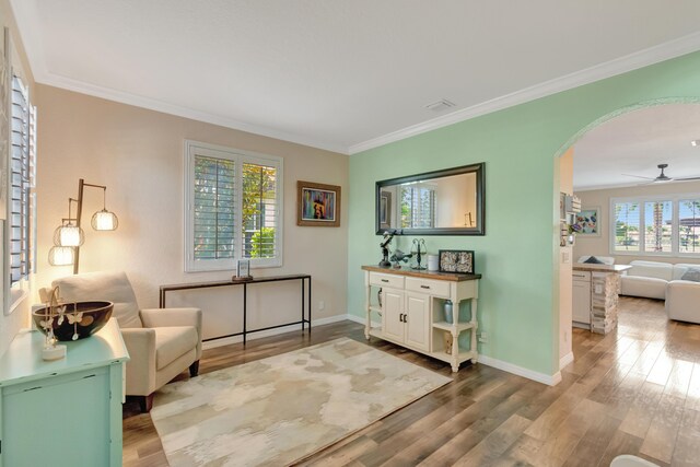 5014 Manchia Dr, Lake Worth, FL 33463 - living area featuring wood finished floors, arched walkways, crown molding, baseboards, and ceiling fan