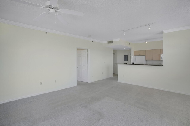 616 Clearwater Park Rd Unit 812, West Palm Beach, FL 33401 - unfurnished living room featuring light colored carpet, crown molding, rail lighting, a ceiling fan, and a textured ceiling