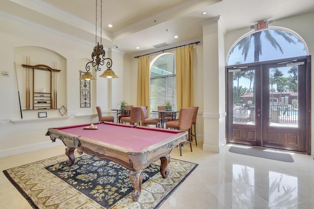 616 Clearwater Park Rd Unit 812, West Palm Beach, FL 33401 - recreation room with healthy amount of natural light, ornamental molding, billiards, recessed lighting, and french doors
