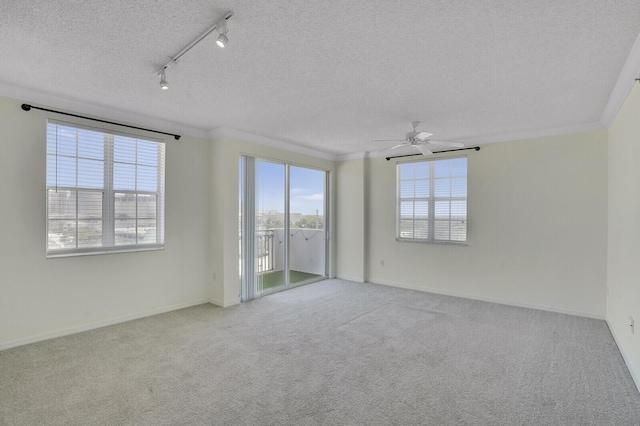 616 Clearwater Park Rd Unit 812, West Palm Beach, FL 33401 - carpeted empty room featuring healthy amount of natural light, a textured ceiling, ceiling fan, track lighting, and crown molding