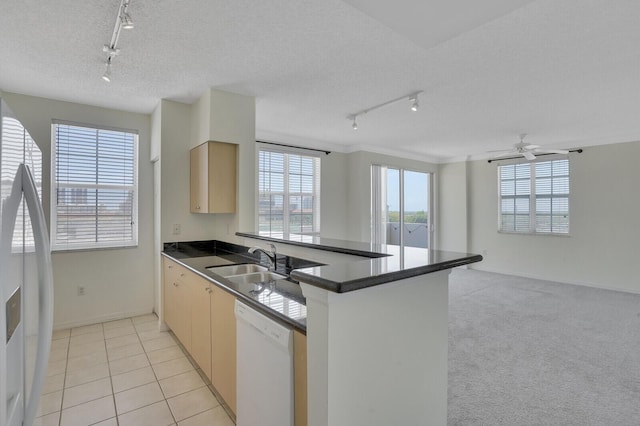 616 Clearwater Park Rd Unit 812, West Palm Beach, FL 33401 - kitchen featuring track lighting, white appliances, a sink, dark countertops, and a textured ceiling