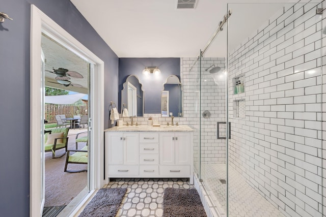 513 Curlew Rd, Delray Beach, FL 33444 - full bath featuring double vanity, a shower stall, and backsplash