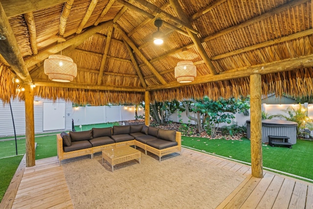 1646 NE 3rd Ave, Delray Beach, FL 33444 - wooden terrace featuring a gazebo, an outdoor living space, and a hot tub