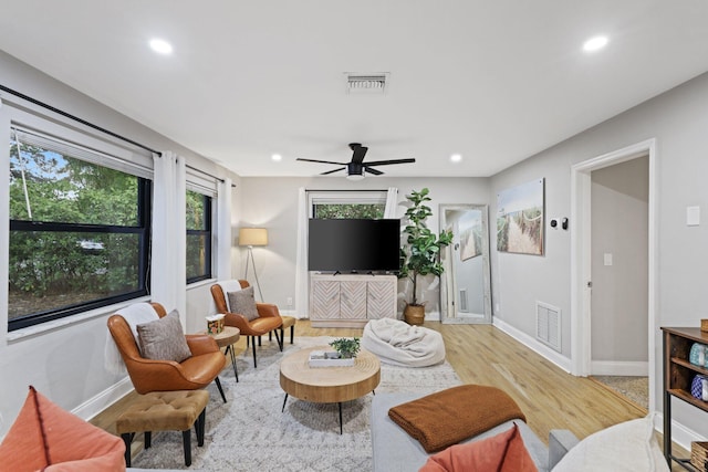 1646 NE 3rd Ave, Delray Beach, FL 33444 - living room with baseboards, light wood-style floors, recessed lighting, and a ceiling fan