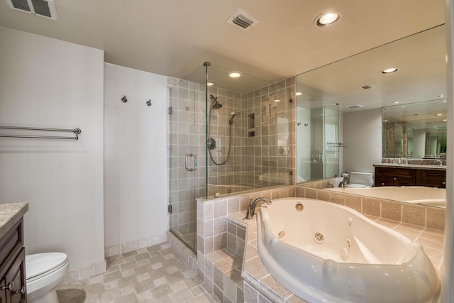 4200 N Ocean Dr Unit 1-1405, Singer Island, FL 33404 - bathroom with toilet, vanity, a stall shower, a whirlpool tub, and recessed lighting