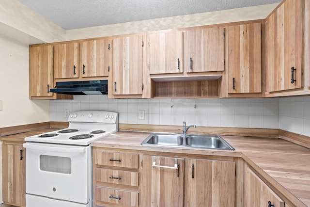 5082 Grant Ln, West Palm Beach, FL 33415 - kitchen with white electric stove, a sink, under cabinet range hood, backsplash, and butcher block counters