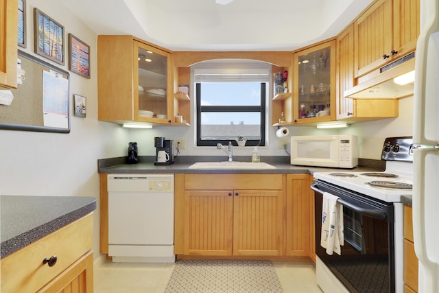 755 Saturn St Unit E 202, Jupiter, FL 33477 - kitchen with white appliances, under cabinet range hood, a sink, dark countertops, and glass insert cabinets