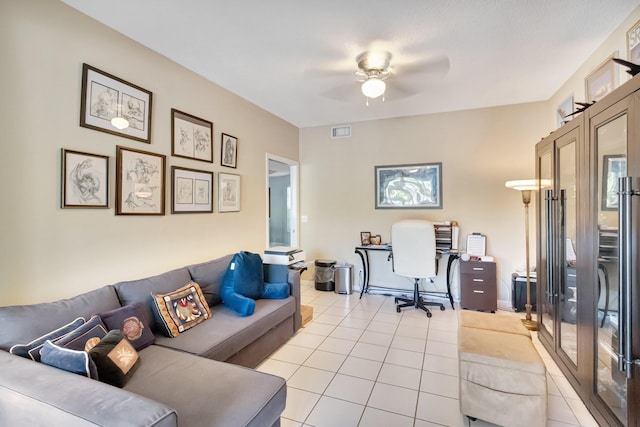 11650 Briarwood Cir Unit 2, Boynton Beach, FL 33437 - living room featuring light tile patterned floors, ceiling fan, and an office area