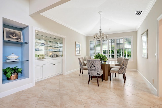 3321 Southern Cay Dr, Jupiter, FL 33477 - dining area with crown molding, built in shelves, a chandelier, baseboards, and light tile patterned flooring