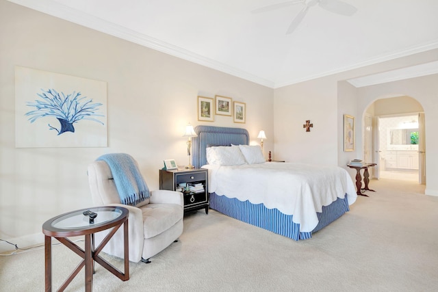 3321 Southern Cay Dr, Jupiter, FL 33477 - bedroom with arched walkways, carpet flooring, ornamental molding, baseboards, and a ceiling fan