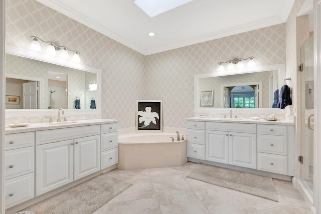 3321 Southern Cay Dr, Jupiter, FL 33477 - full bathroom featuring ornamental molding, a skylight, a bath, two vanities, and a stall shower