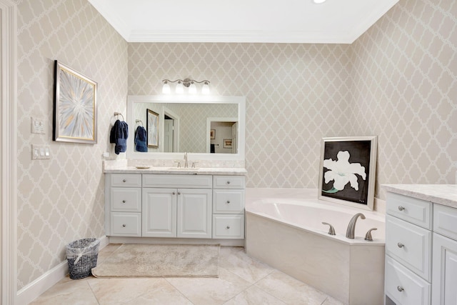 3321 Southern Cay Dr, Jupiter, FL 33477 - full bath with crown molding, vanity, a garden tub, and wallpapered walls