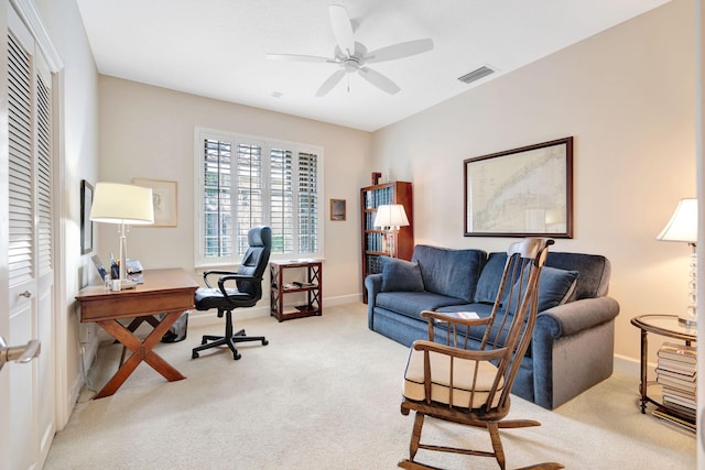 3321 Southern Cay Dr, Jupiter, FL 33477 - home office featuring carpet floors, a ceiling fan, and baseboards