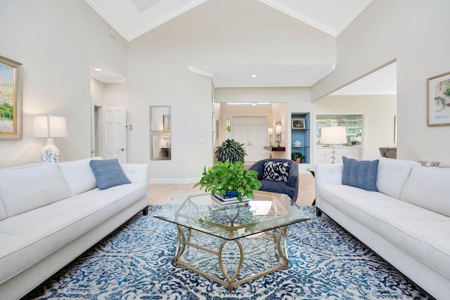 3321 Southern Cay Dr, Jupiter, FL 33477 - living room featuring crown molding, baseboards, high vaulted ceiling, recessed lighting, and built in shelves