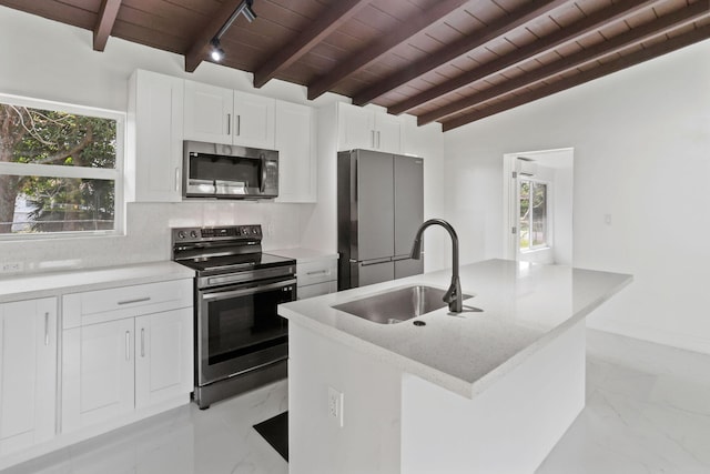 1530 NW 18th Ct, Fort Lauderdale, FL 33311 - kitchen with appliances with stainless steel finishes, wood ceiling, light marble finish flooring, a sink, and decorative backsplash
