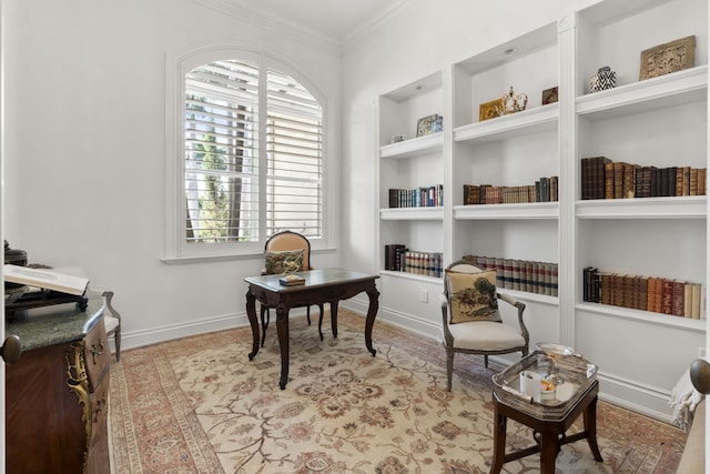 9212 Perth Rd, Lake Worth, FL 33467 - living area featuring built in features, crown molding, an office area, and baseboards